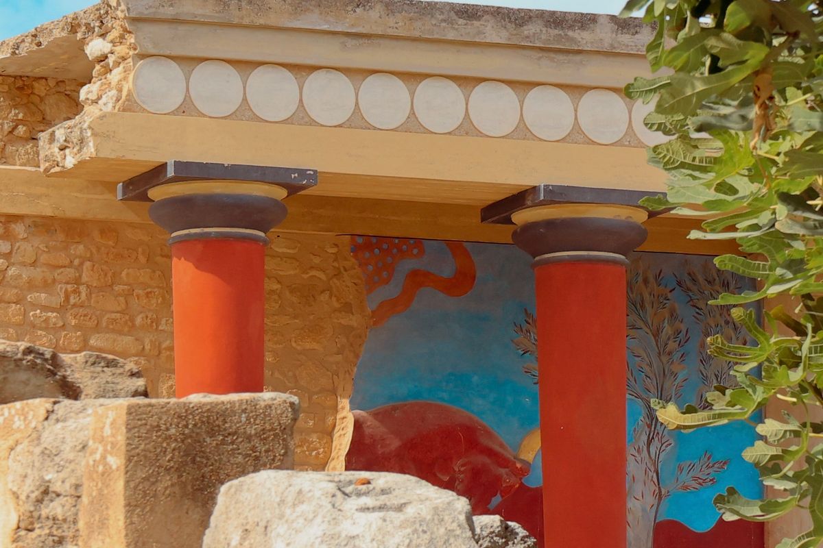 Reconstructed red columns at the Minoan palace of Knossos